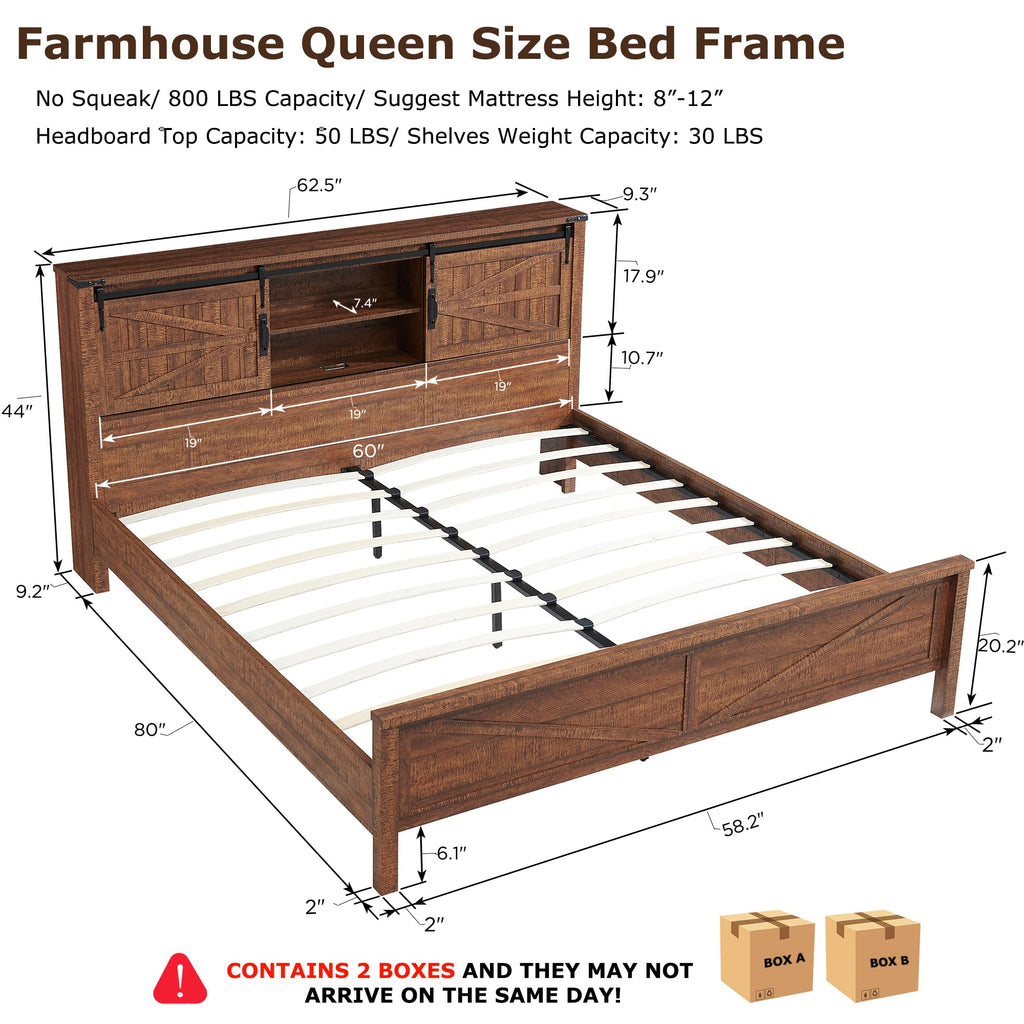 Farmhouse Queen Size Bed Frame w/Storage Bookcase Headboard, Sliding Barn Door, Charging Station, Rustic Wood