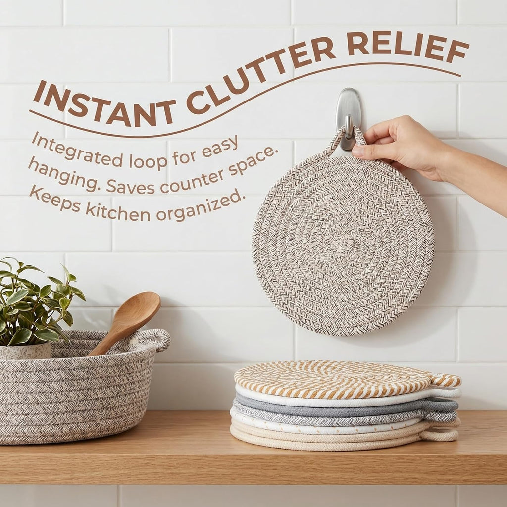 Inch Cotton Trivets for Quartz Countertops with Storage Basket - Thick Woven Hot Pads for Large Pots - Set of 5