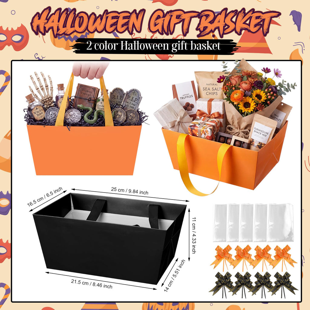 12 Pcs Halloween Paper Gift Basket Empty with Transparent Bag&Bow