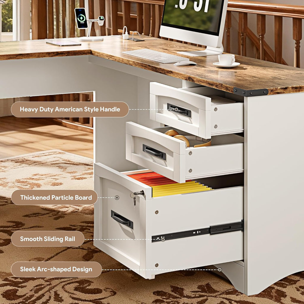 67" Farmhouse L Shaped Standing Desk with Drawers Home Office Executive Desks with Fast Charging Station, Lockable
