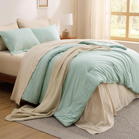 Full Comforter Set - 7 Pieces Sage Green Full Bedding Set for All Seasons