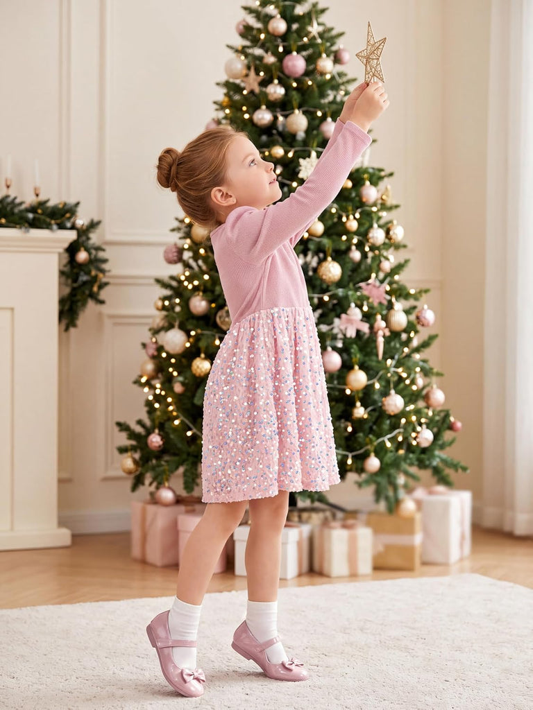 Girls Sequin A-Line Long Sleeve Dress for Birthday Party