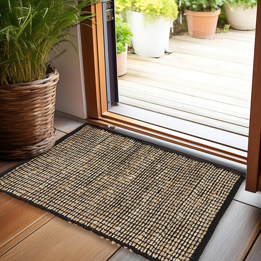 2x3 Jute Cotton Hand Woven Rug | Braided Doormat, Boho, Rustic, Natural Jute/Black | Farmhouse Vintage Area Rugs, and
