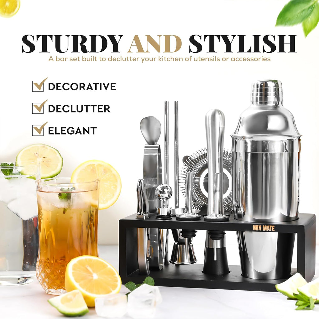 Mixology Bartender Kit with Stand - Bar Tool Set, Silver Bar Set Cocktail Shaker Set for Drink Mixing - Set of 15