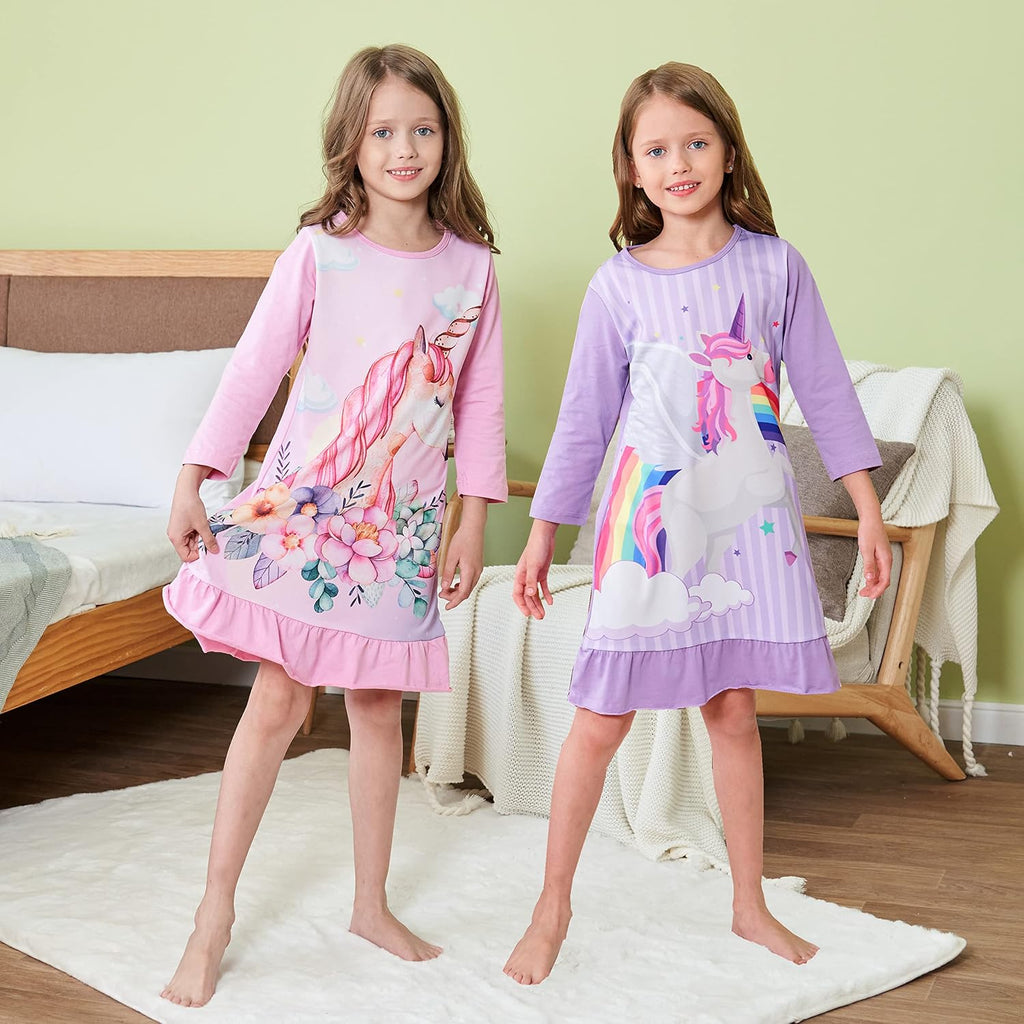 Girls Nightgowns Long Sleeve Cotton Night Dress,Pack of 2