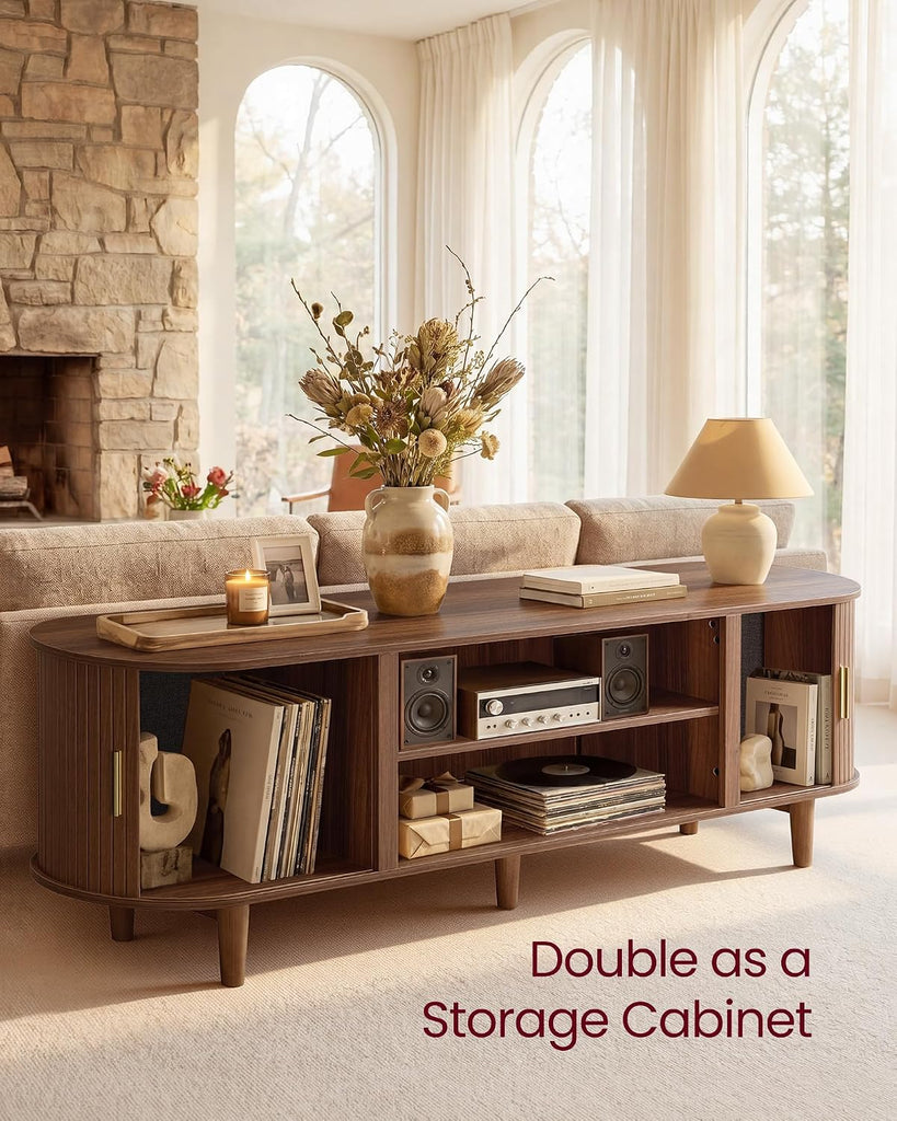 TV Stand for 80-Inch TVs, Mid Century Entertainment Center with Storage, Fluted Sliding Doors, Media Console Table