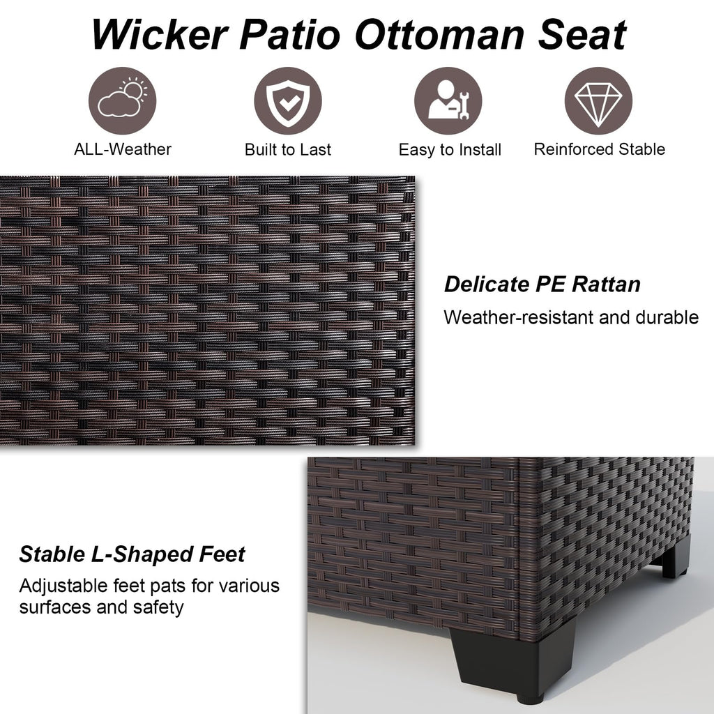 2 Pieces Wicker Ottomans, All Weather Rattan Patio Ottoman with Removable Cushion, Outdoor Footstools, Additional