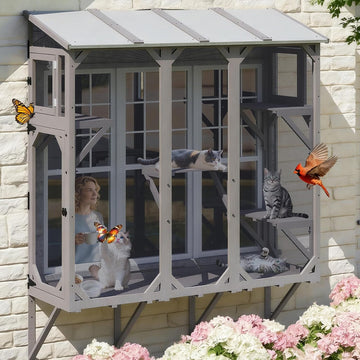 Window Catio for Indoor Cats, Wooden Cat Window Box for Sunbathing & Play