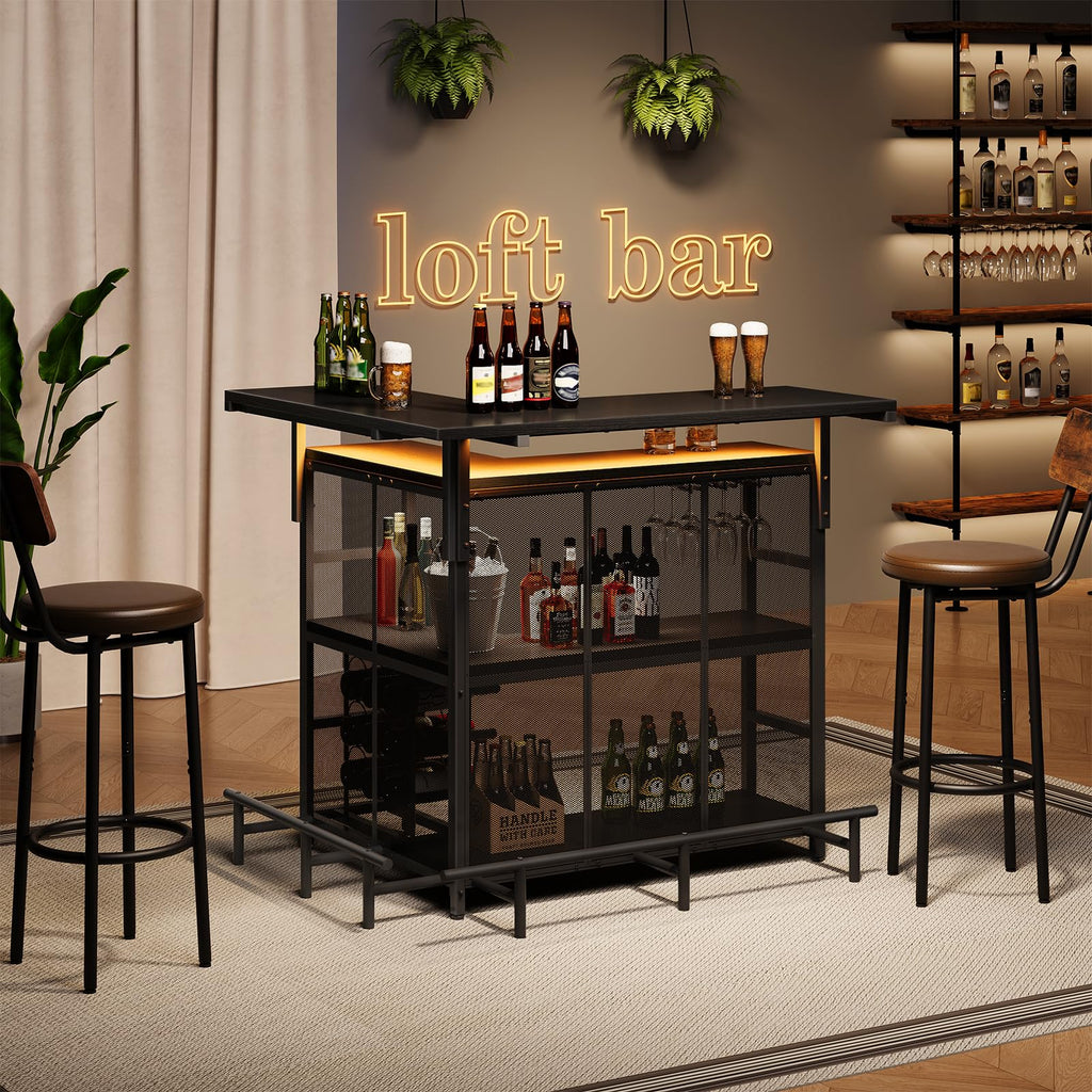 Bar Unit, L-Shaped Bar Table with Glasses Holder & 4-Tier Shelves, Corner Mini Liquor Cabinet with Footrest &