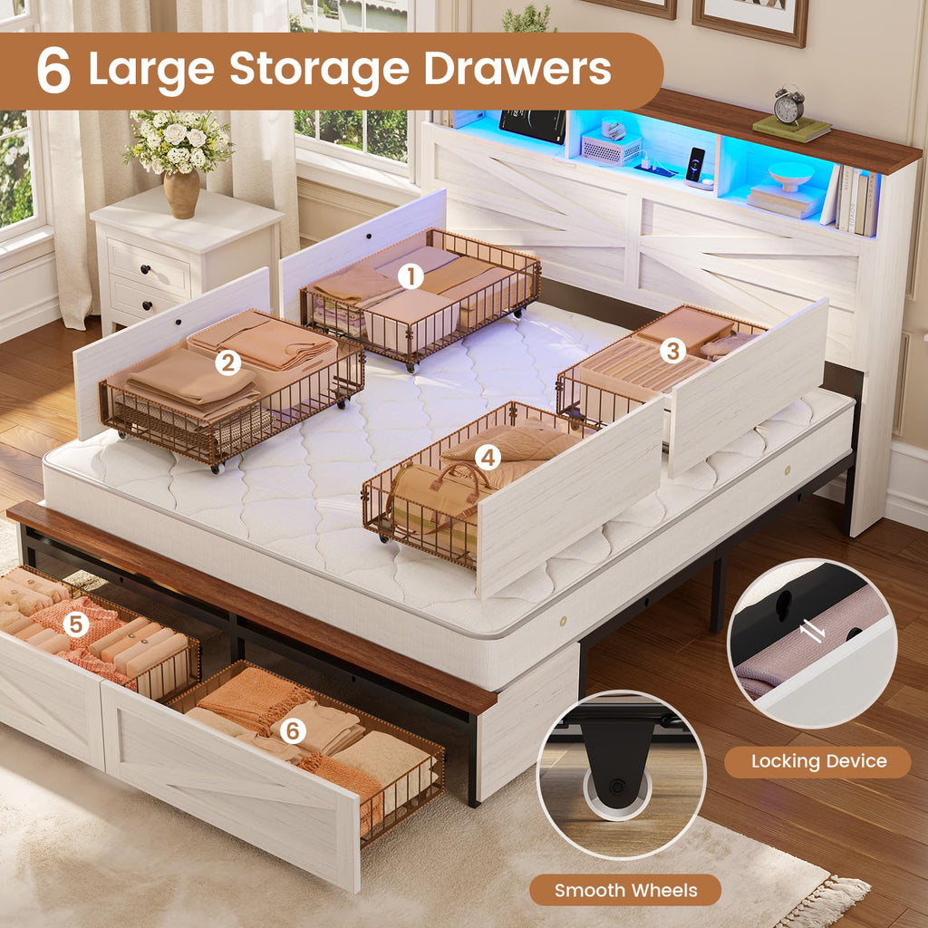 Bed Frame with 6 Drawers, Farmhouse Bed Frame with Barn Door Headboard and Storage, Wood Platform Bed Frame
