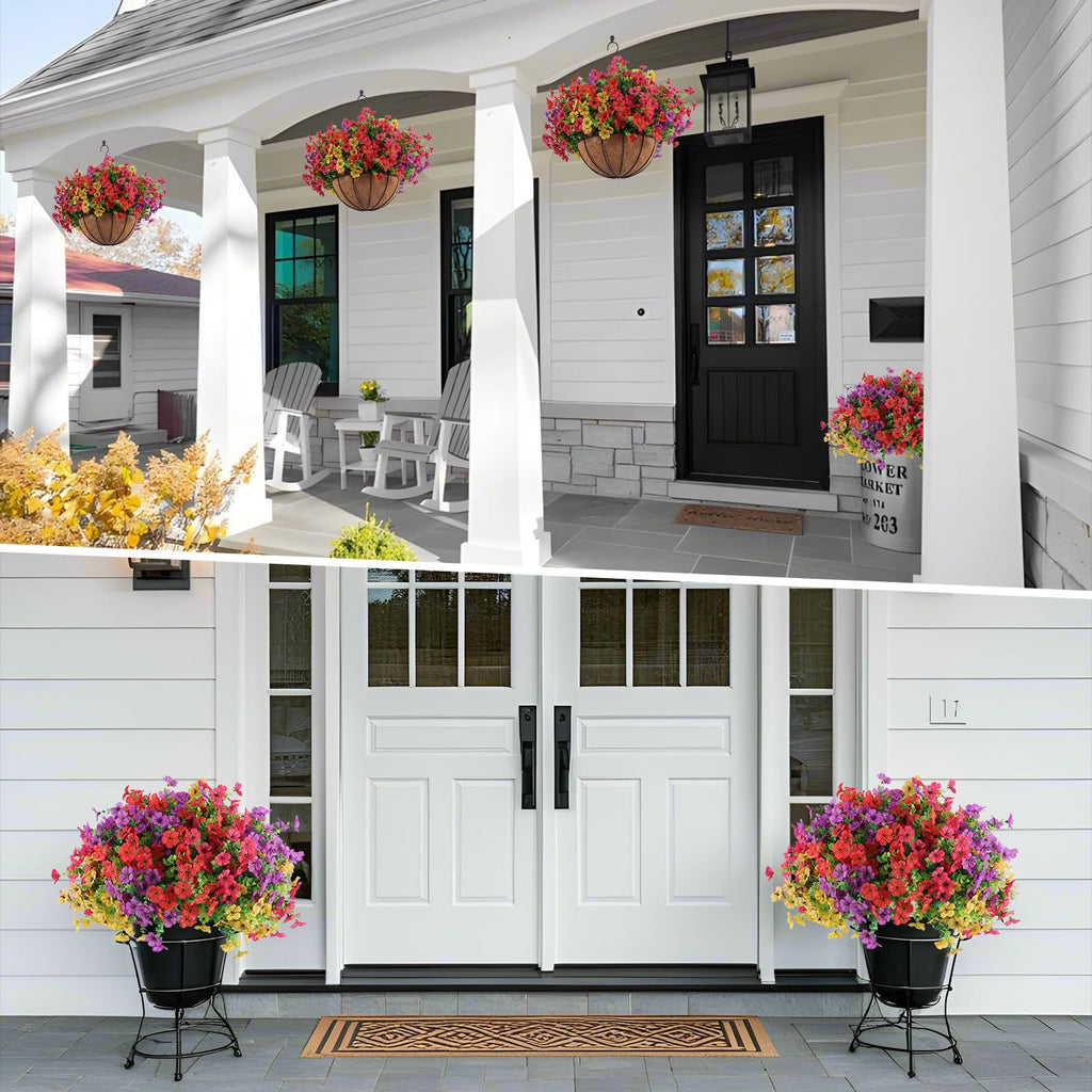 2 Set Artificial Outdoor Flowers with Hanging Basket, 2 Hanging Planters with 24 Pcs Flowers for Spring Summer Front