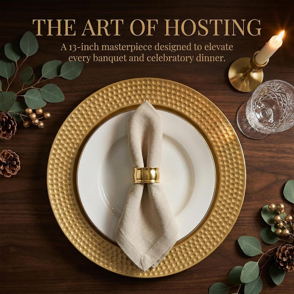Gold Charger Plates, 13 Inch Round Charger Plates with Hammered Rim, Plastic Charger Plate for Wedding Dinner - Set of 12