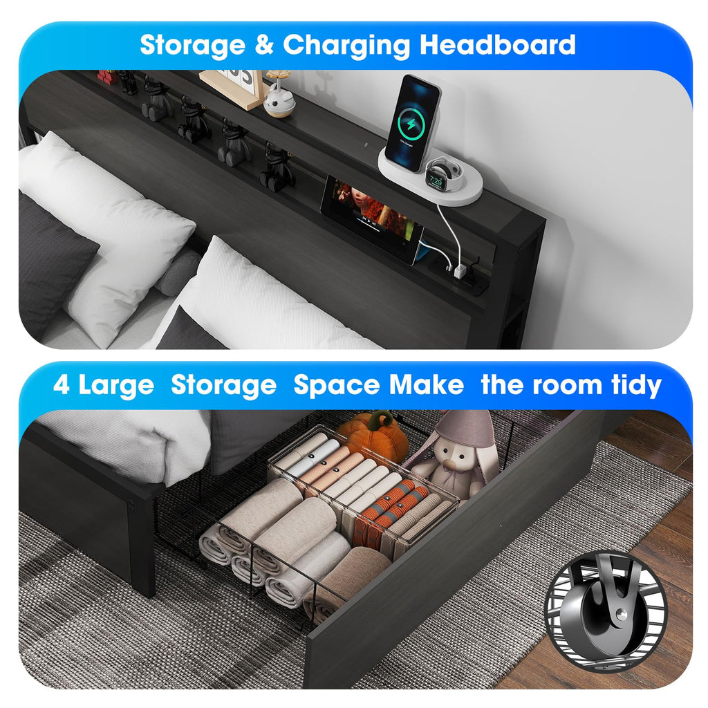 Bed Frame with 2-Tier Storage Headboard and 4 Drawers, Metal Platform Bed Frame with LED & Charging Station, No