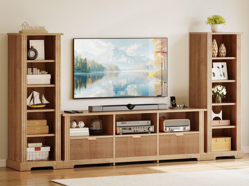 Modern TV Stand with 2 Side Bookshelves, Fluted, Nature Oak