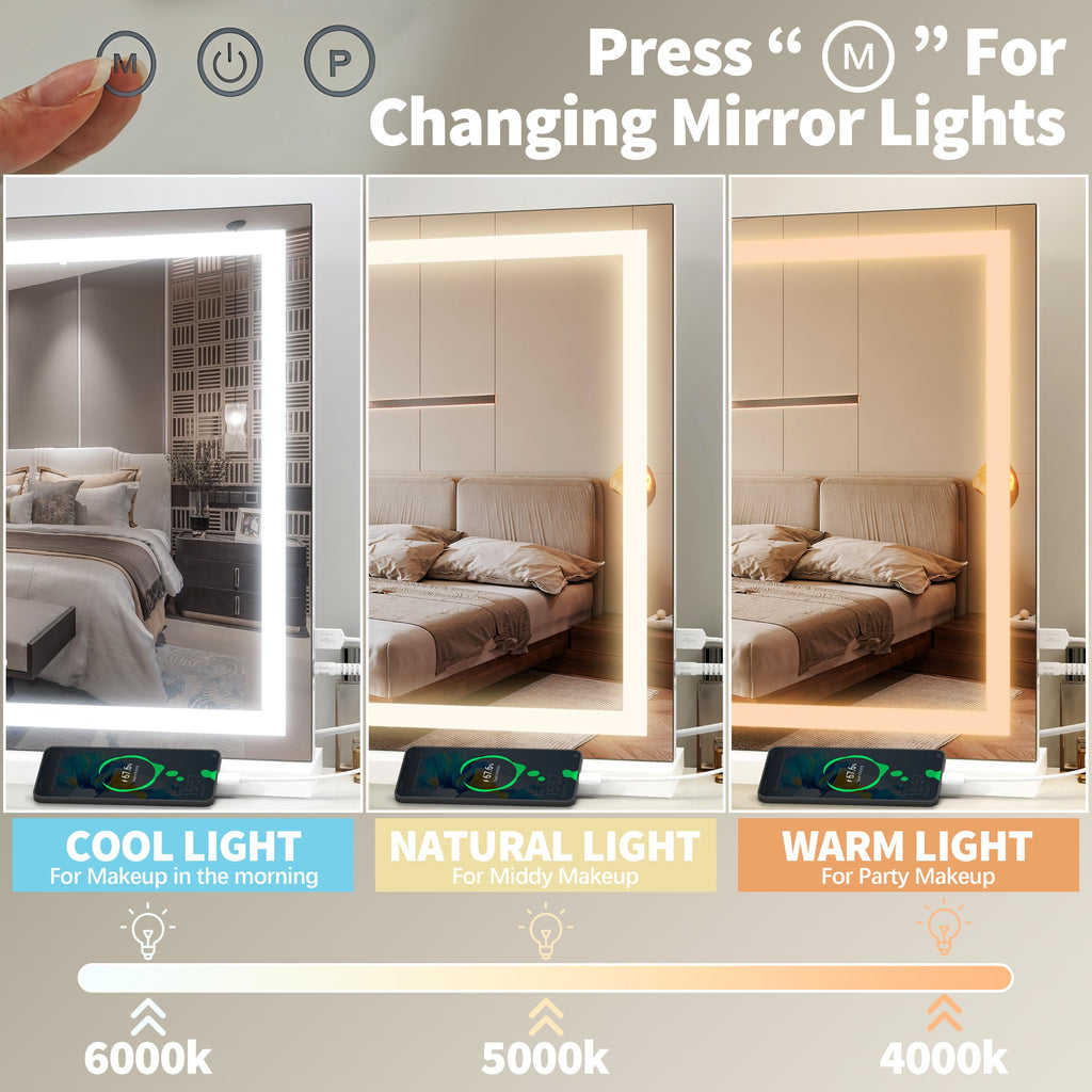 23" x 18" Vanity Mirror with Lights,LED Makeup Mirror,Hollywood Mirror with 3 Color Modes & Adjustable