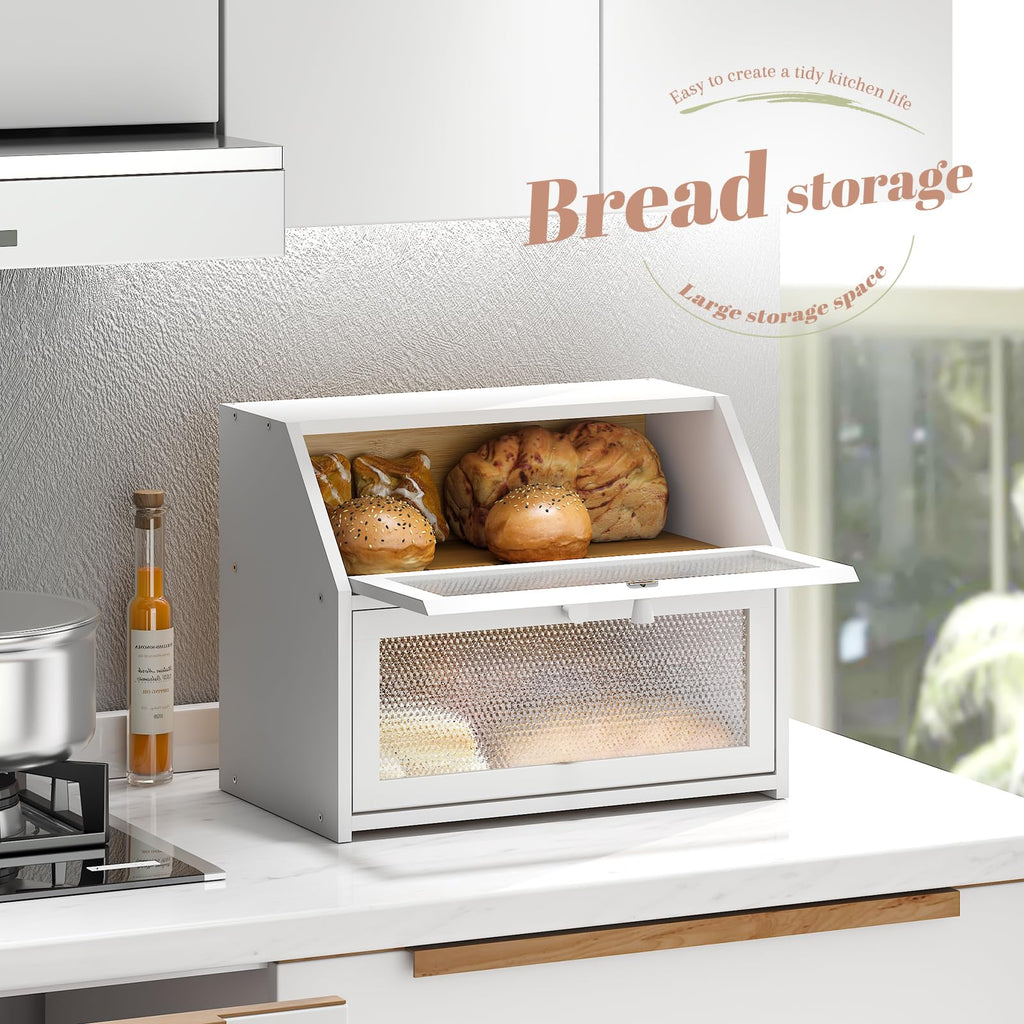 Bread Box - Countertop Bin Double Layer Storage Container Extra Large Capacity Farmhouse with Diamond Pattern Windows (White