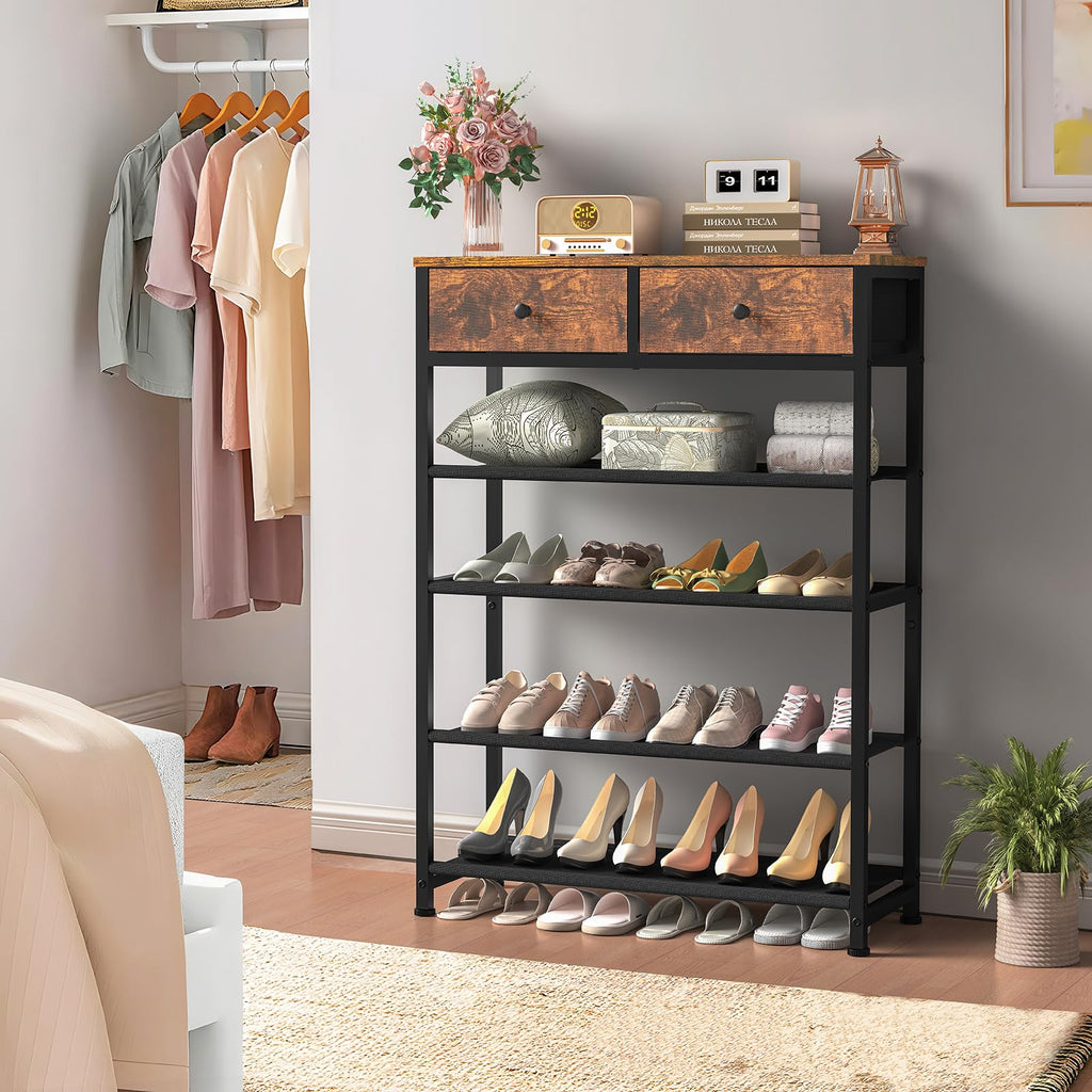 Shoe Rack, 5 Tier Shoe Storage Organizer with 2 Drawers, Metal Shoe Shelf for 12-16 Pairs of Shoes, with 4 Oxford