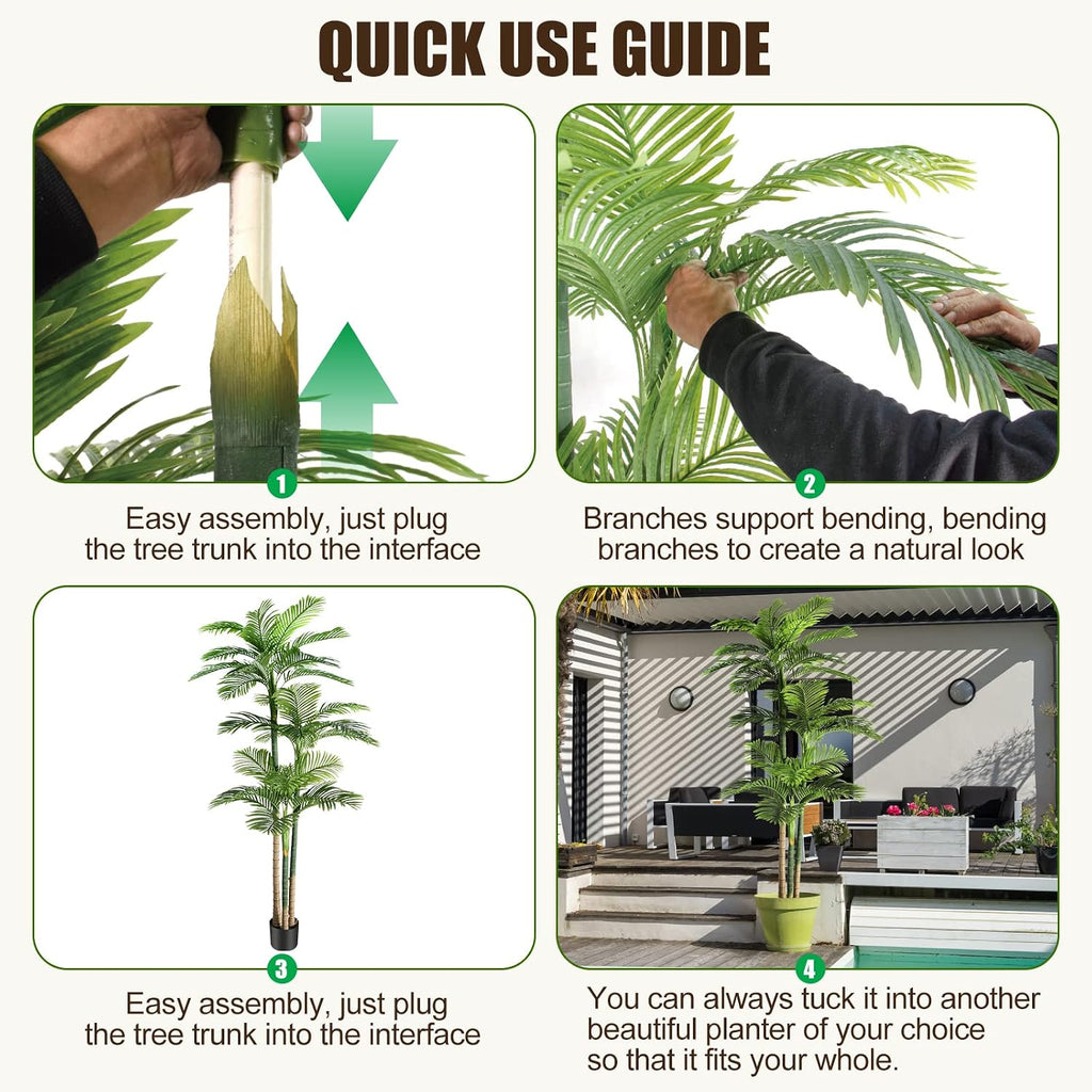 8.5ft Artificial Golden Cane Palm Tree - Large Triple Fake Palm Tree in Pot for Indoor/Outdoor, Patio, Pool, Big