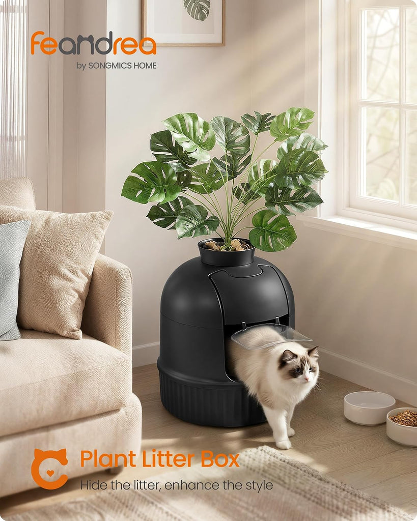 Cat Litter Box with Artificial Plant, Enclosed Hidden Litter Box