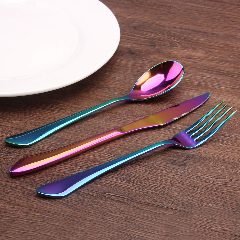 Rainbow Silverware Set, 20-Piece Stainless Steel Flatware Set with Round Edge, Kitchen Utensil Set Service for 4