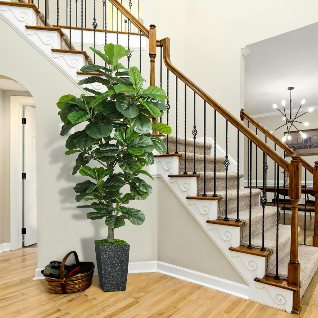 Fiddle Leaf Fig Tree 6ft, 6 Feet Large Tall Fake Plants Indoor with Modern Style Planter, Artificial Silk Tree Living