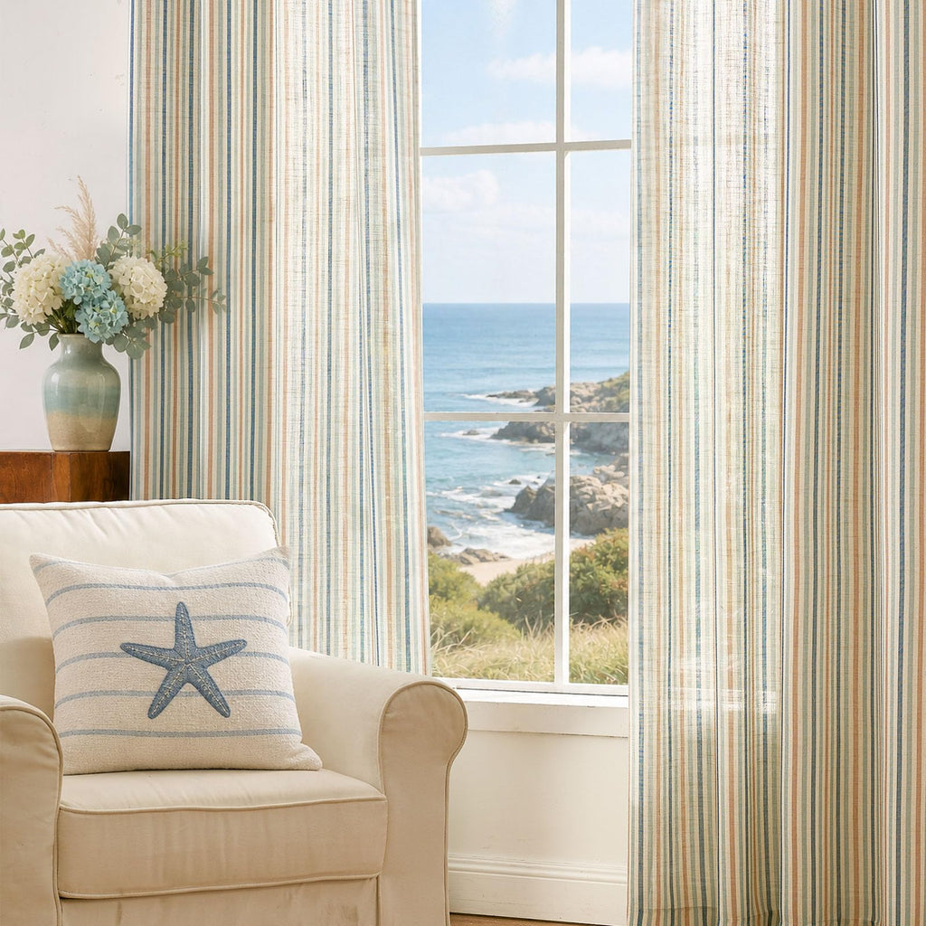Linen Curtains 84" Ocean Stripe Pattern on Linen Grommet 2 Panels