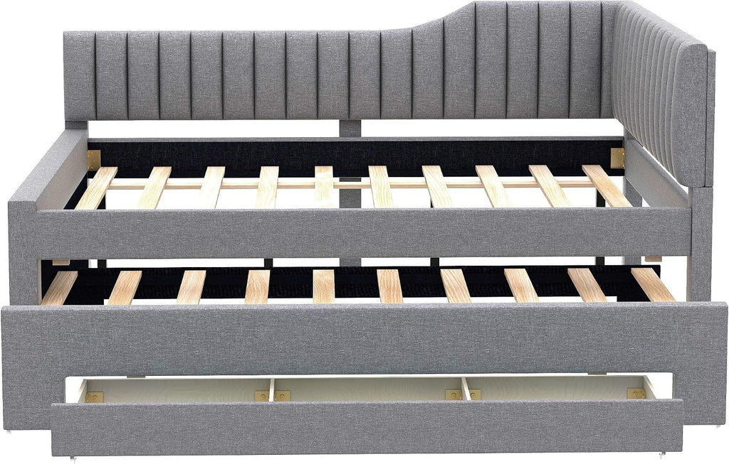 Full Size Daybed with Pull Out Trundle and Three Storage Drawers, Linen Upholstered Day Bed Frame with Wood Slats