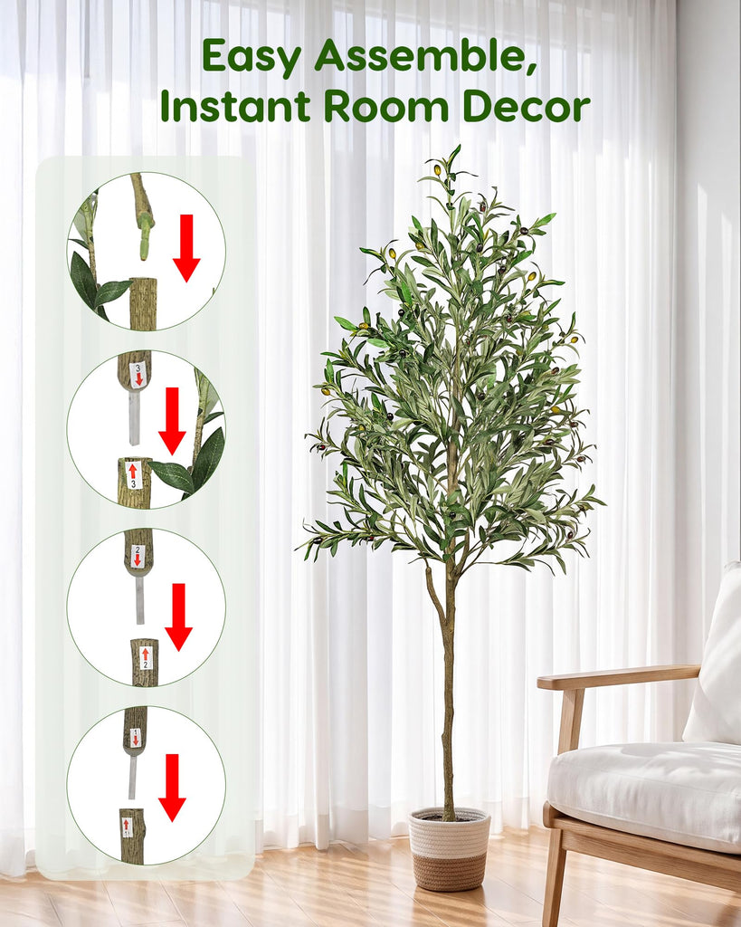 6FT Artificial Olive Tree Plants Indoor in Cotton Rope Basket with Natural Pebbles, Large Tall Faux Plant with