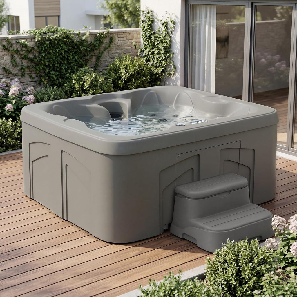 4-Person Plug & Play 13-Jet Hot Tub Spa and Thermal Cover, Taupe | Square Outdoor Spa with 1.0 HP Pump, Cover and LED