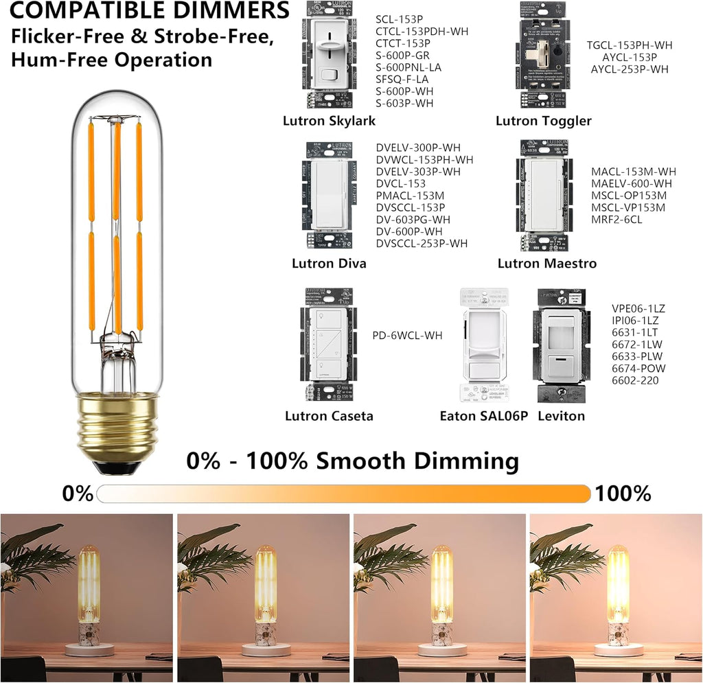 T10 E26 LED Bulb 60W Equivalent 2700K Dimmable, 4 Pack