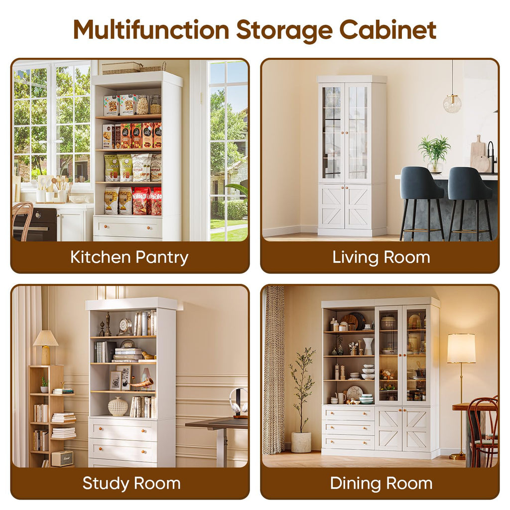 71" Tall Farmhouse Pantry Cabinet Set of 4, Large Freestanding Storage Cabinets with Drawers and Adjustable Shelves