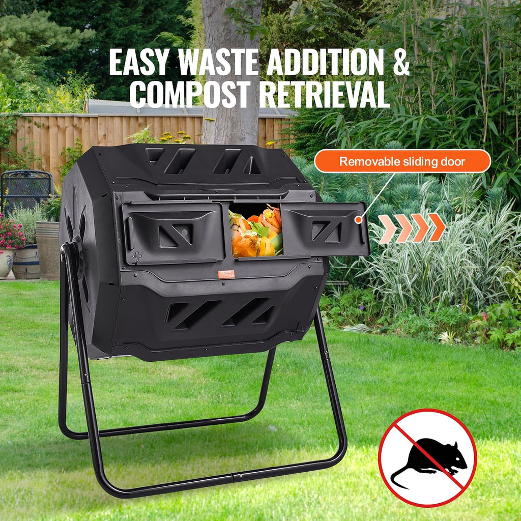Compost Bin, 43-Gal Dual Chamber Composting Tumbler, Large Tumbling Rotating Composter with 2 Sliding Doors and Steel