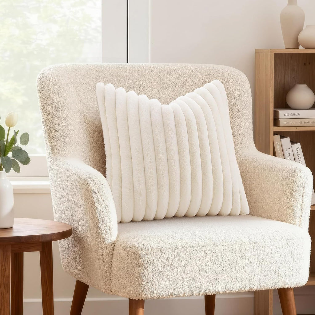 Summer Cozy Faux Fur Throw Pillow Covers 18x18 Set of 2 Decorative Soft Plush Striped Modern Farmhouse Boho Couch