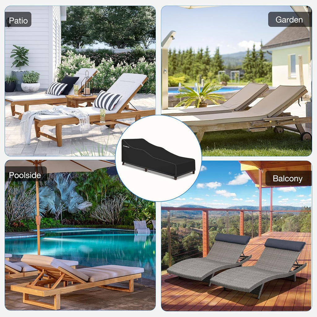 Chaise Lounge Covers 2 Pack - 420D Lounge Chair Cover Waterproof Outdoor with Bottom Drawstring and 4 Corner Straps