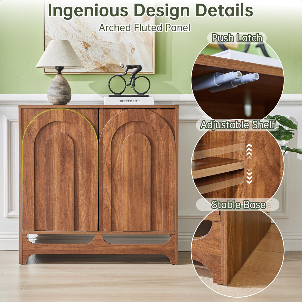 94.5" Walnut Fluted Arched Sideboard Buffet Cabinet with Storage