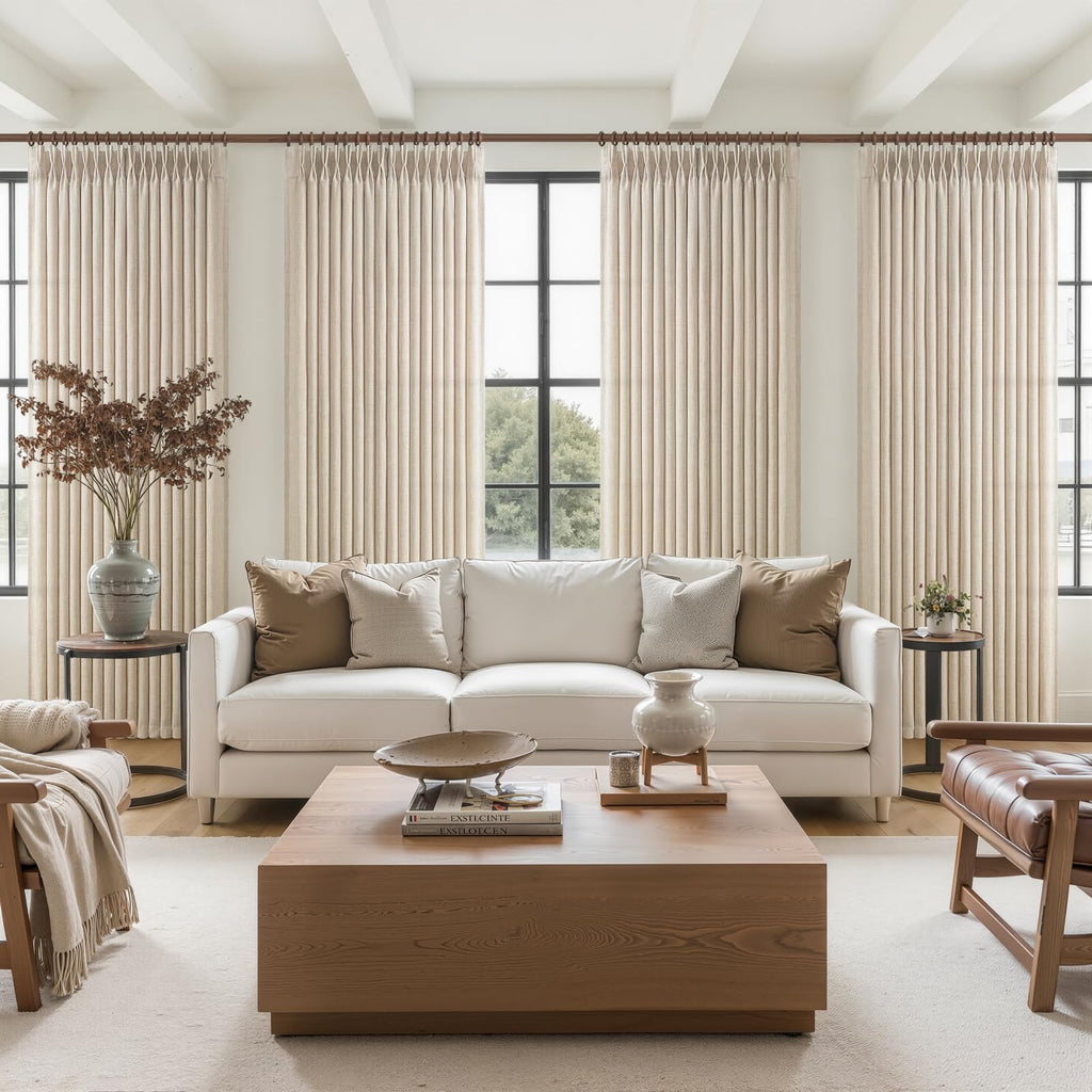 Pinch Pleated Natural Short Kitchen Windows Curtains 63 Inch Length 2 Panels Set, Memory Trained Flax Linen Semi