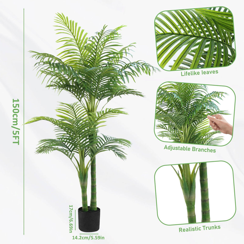 5FT Artificial Palm Tree - Faux Golden Cane Palm Tree Tropical UV Resistant Fake Plant Indoor with Weighted Pot Home