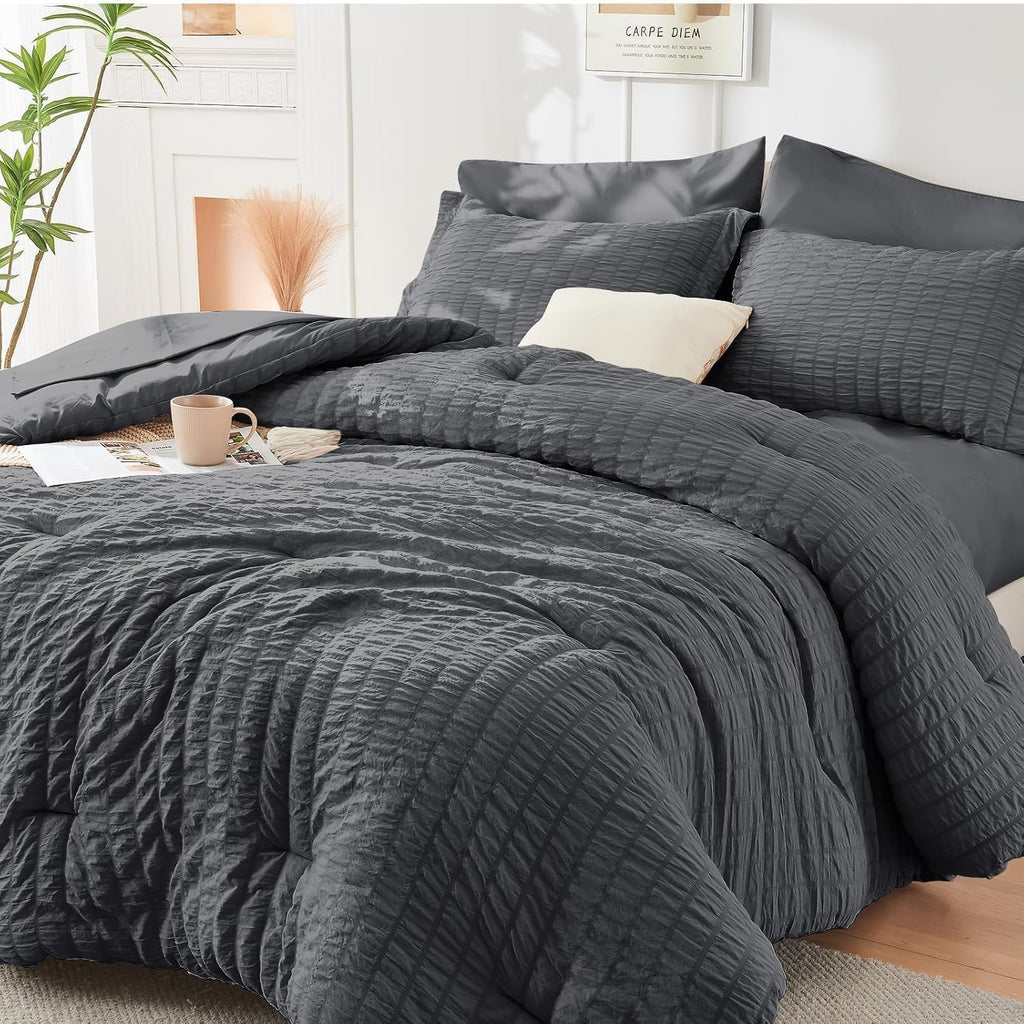 7 Piece King Comforter Set Seersucker, All Season Luxury Bed in a Bag, Bedding Set with Comforters, Sheets