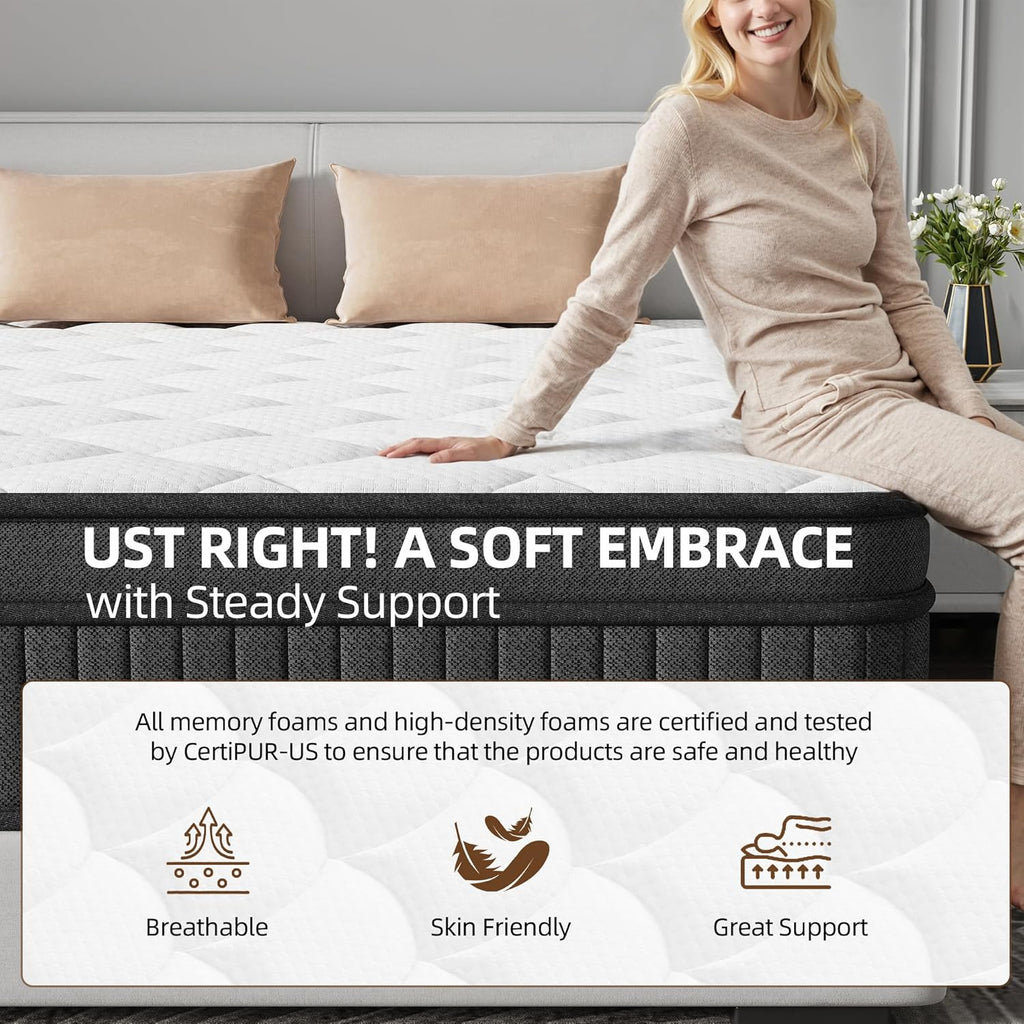 King Size 12 Inch Hybrid Mattress, Medium Firm Pocket Spring Mattress in a Box, Breathable Pressure Relief