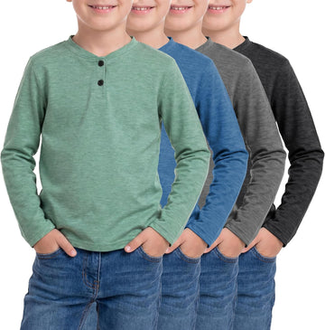 4 Pack Boys Long Sleeve Henley Shirts Casual Crewneck Tees with Buttons Soft Shirts for Boys