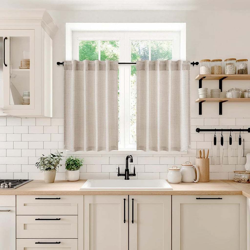 Linen Textured Small Kitchen Window Curtains Over Sink, Semi Sheer Farmhouse Cafe Curtain 36 Inch Long Short Back Tab