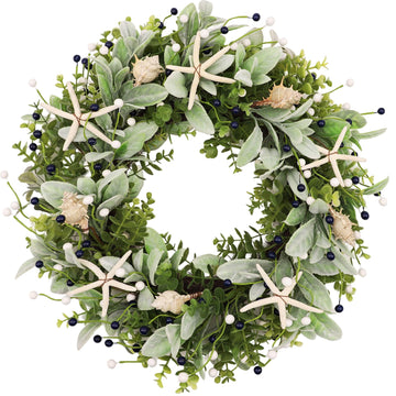 22 Inch Coastal Summer Beach Wreaths for Front Door, Artificial Eucalyptus Greenery Wreath with Starfish Conch