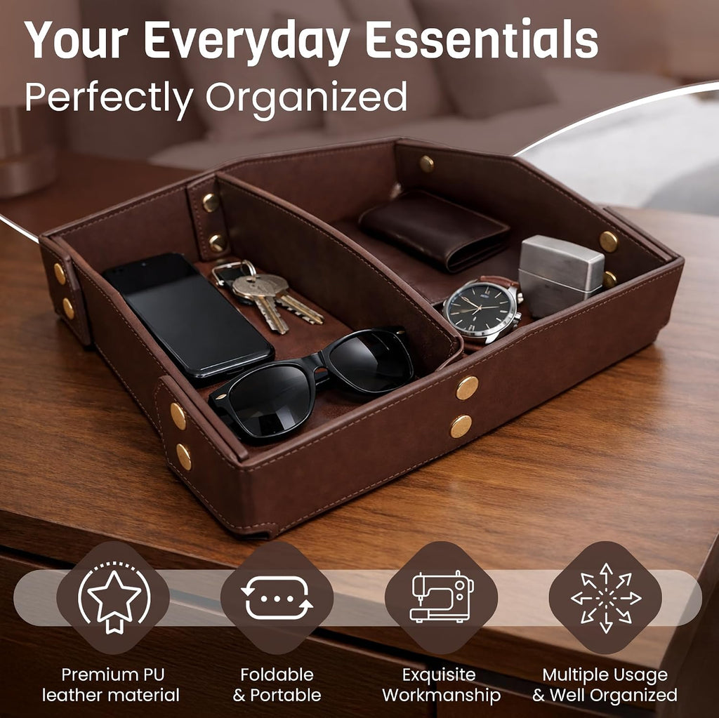 Valet Tray Organizer for Men & Women - PU Leather Catch All Tray with Removable Divider - EDC Storage for Keys - Set of 2