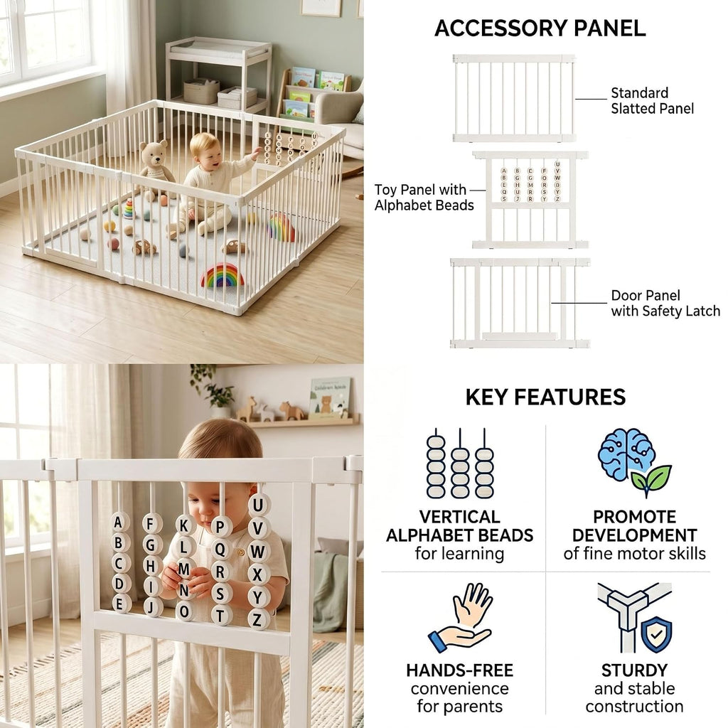 Bamboo Baby Playpen 64x64x26-8 Panel Adjustable Multi-Shape Large Play Yard for Toddlers with Locking Gate Portable