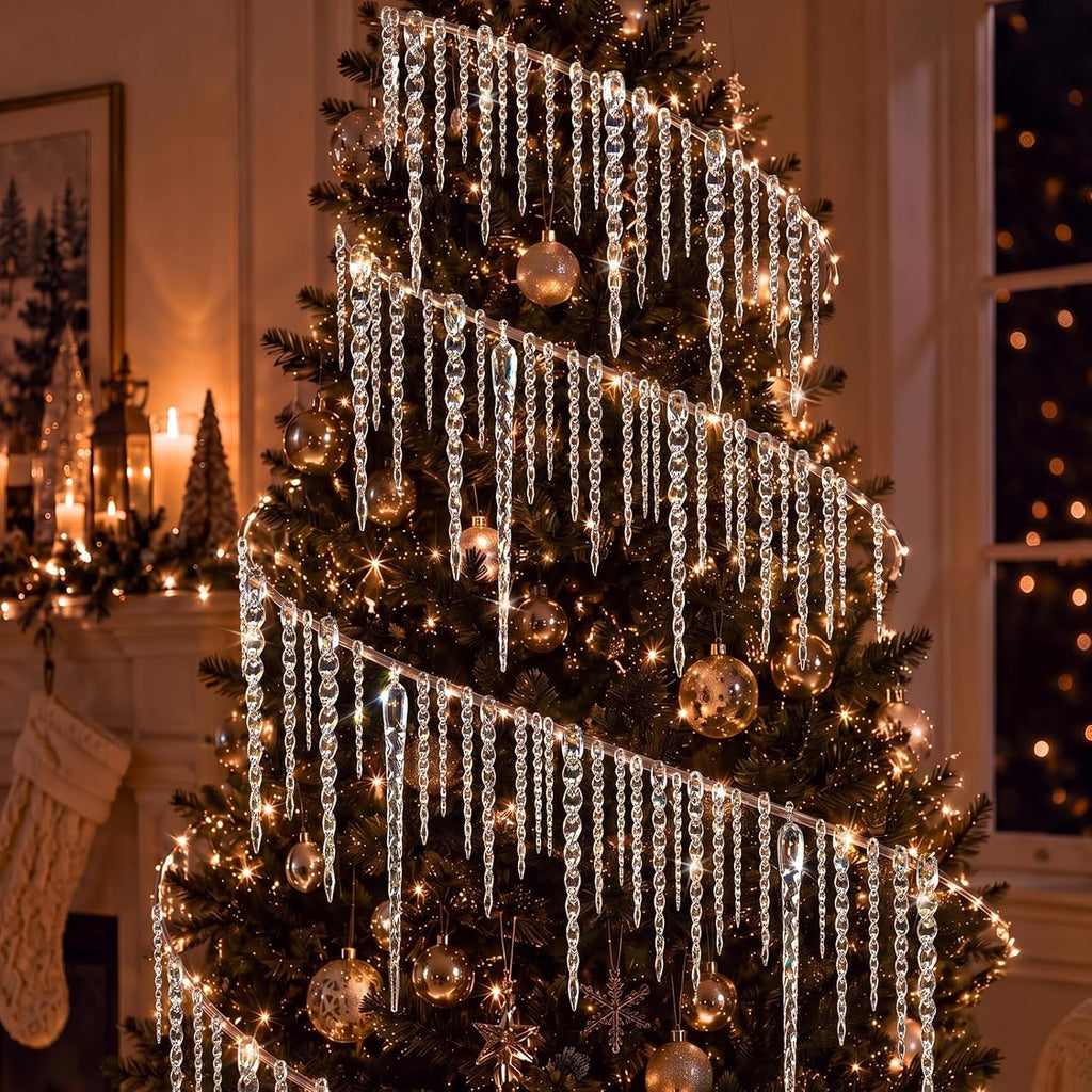 52 Pcs Christmas Crystal Icicle Ornaments for Xmas Tree Decorations