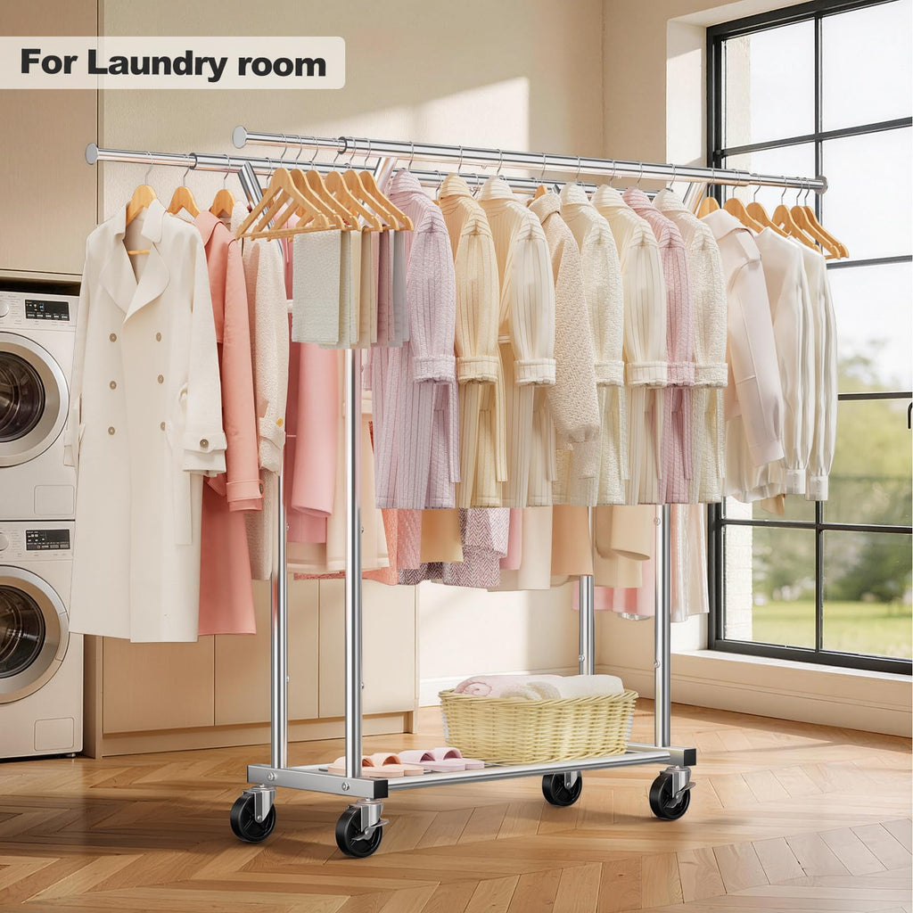 Heavy Duty Rolling Garment Rack, Double Rod Clothing Organizer, Silver