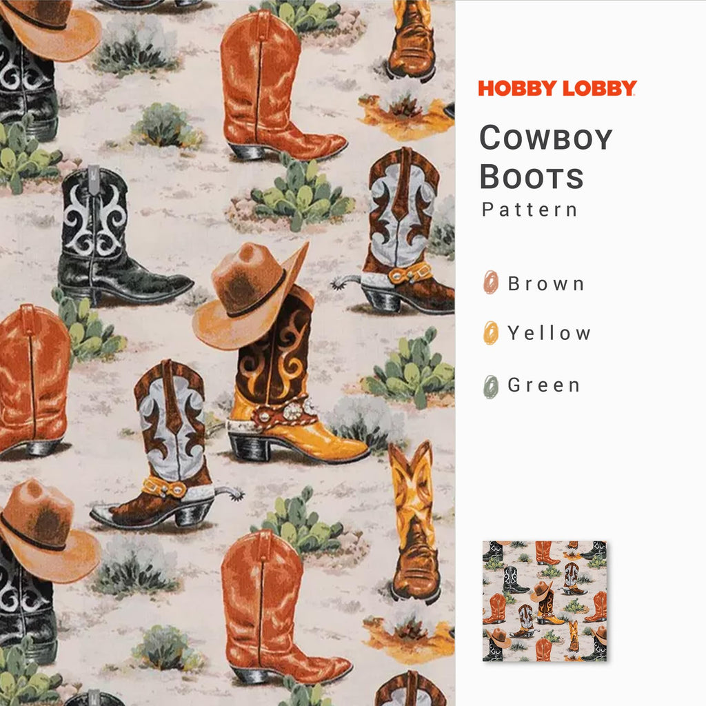 Cowboy Boots Cotton Calico Fabric, 2 Yards