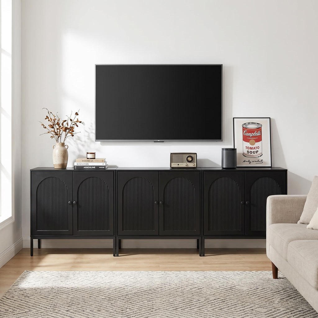 Fluted Sideboard Buffet Cabinet with Storage, Set of 3, Black