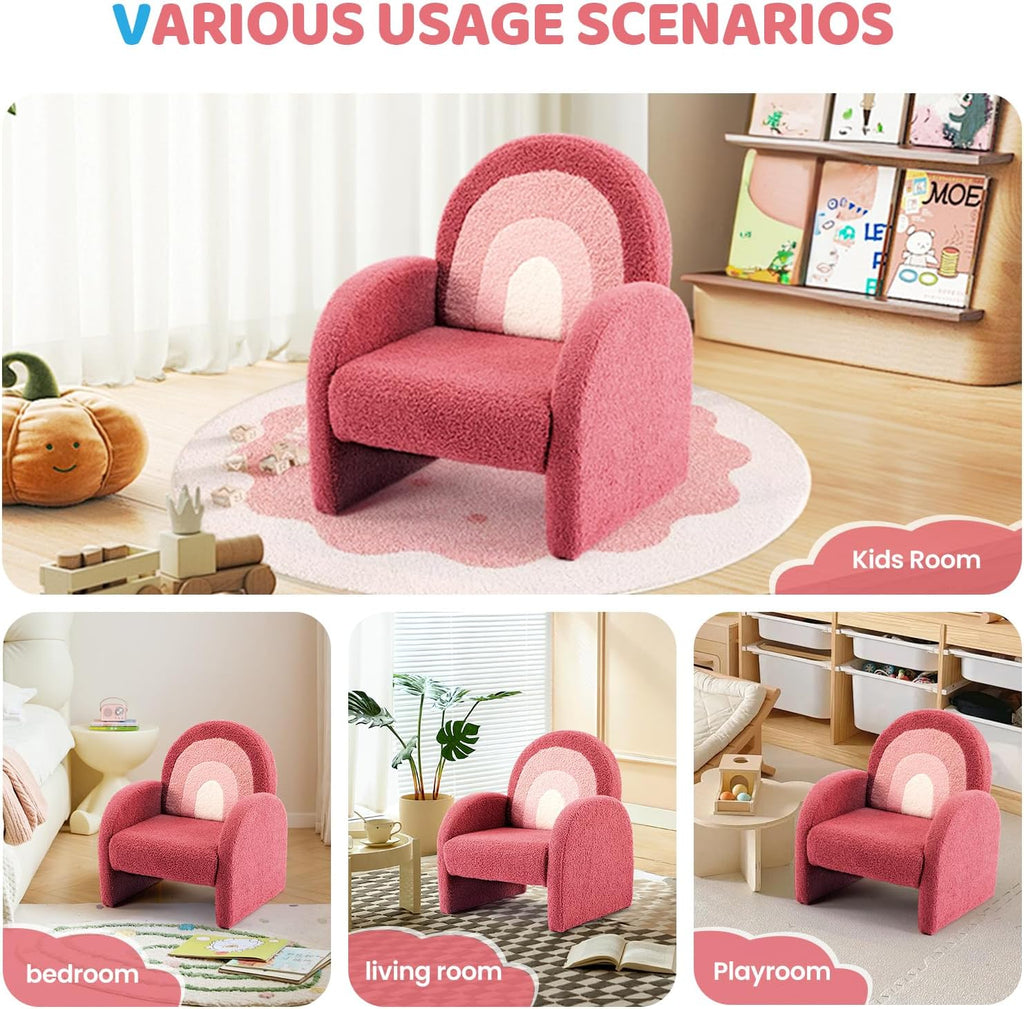 Kids Sofa, Toddler Armchair with Full Teddy Fleece Coverage, Ultra-Soft & Plush, Sturdy Base for Boys and Girls, Red