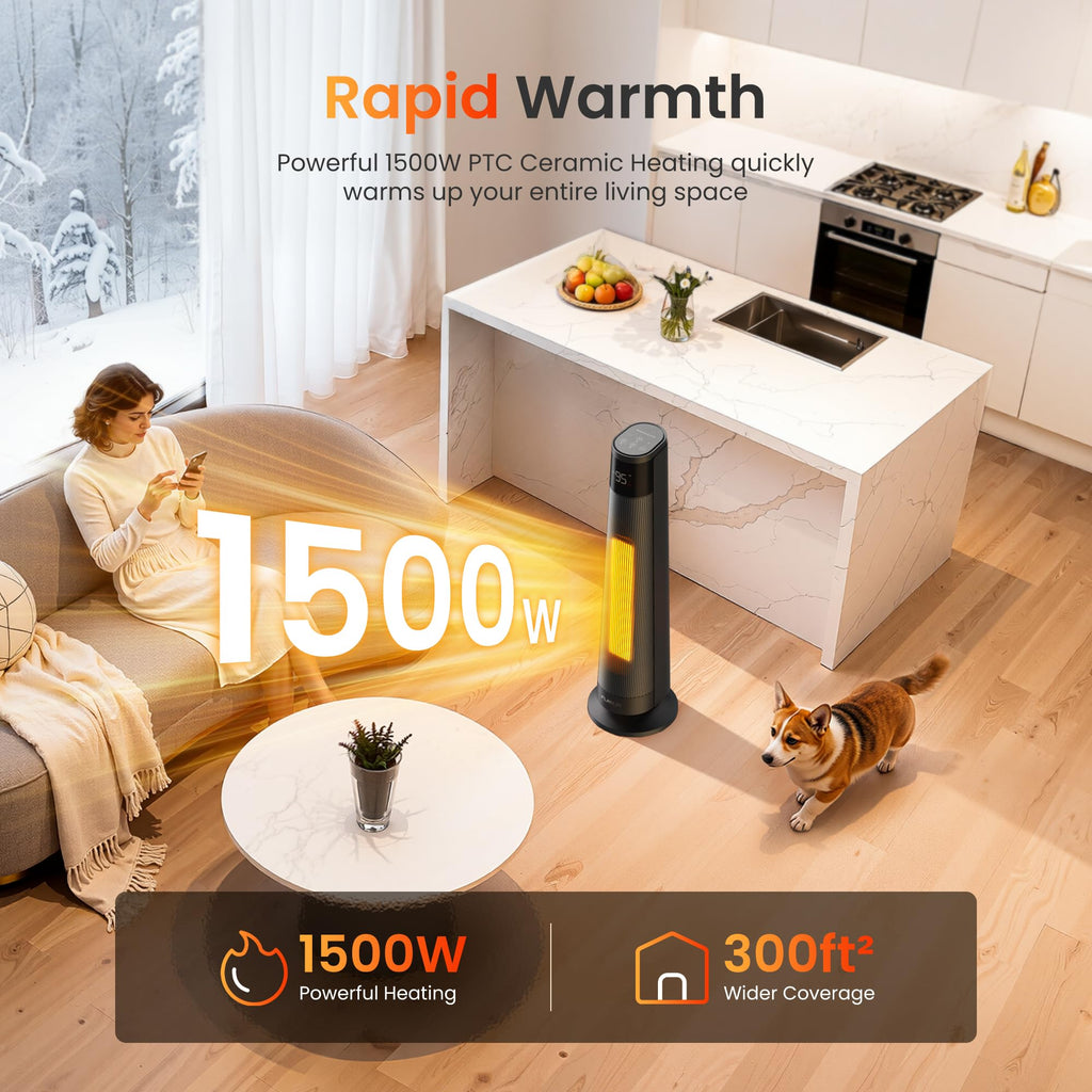 1500W PTC Ceramic Smart Space Heaters for Indoor Use, Portable Heater with Remote & App Control for Large Room